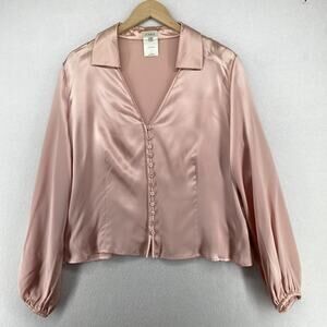 FERAUD Top Women 48 100% Silk Satin Long Sleeve Button Front Blouse Pink Vintage